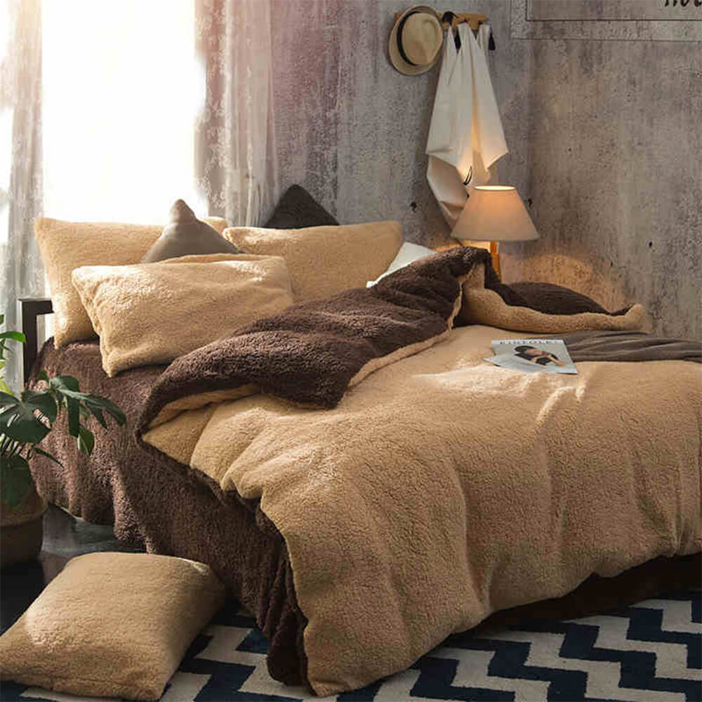 Conjunto de Lençóis de Cama Reversível Bicolor em Sherpa Aquentado e Espesso