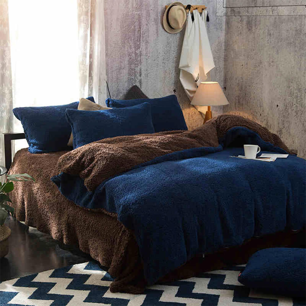 Conjunto de Lençóis de Cama Reversível Bicolor em Sherpa Aquentado e Espesso