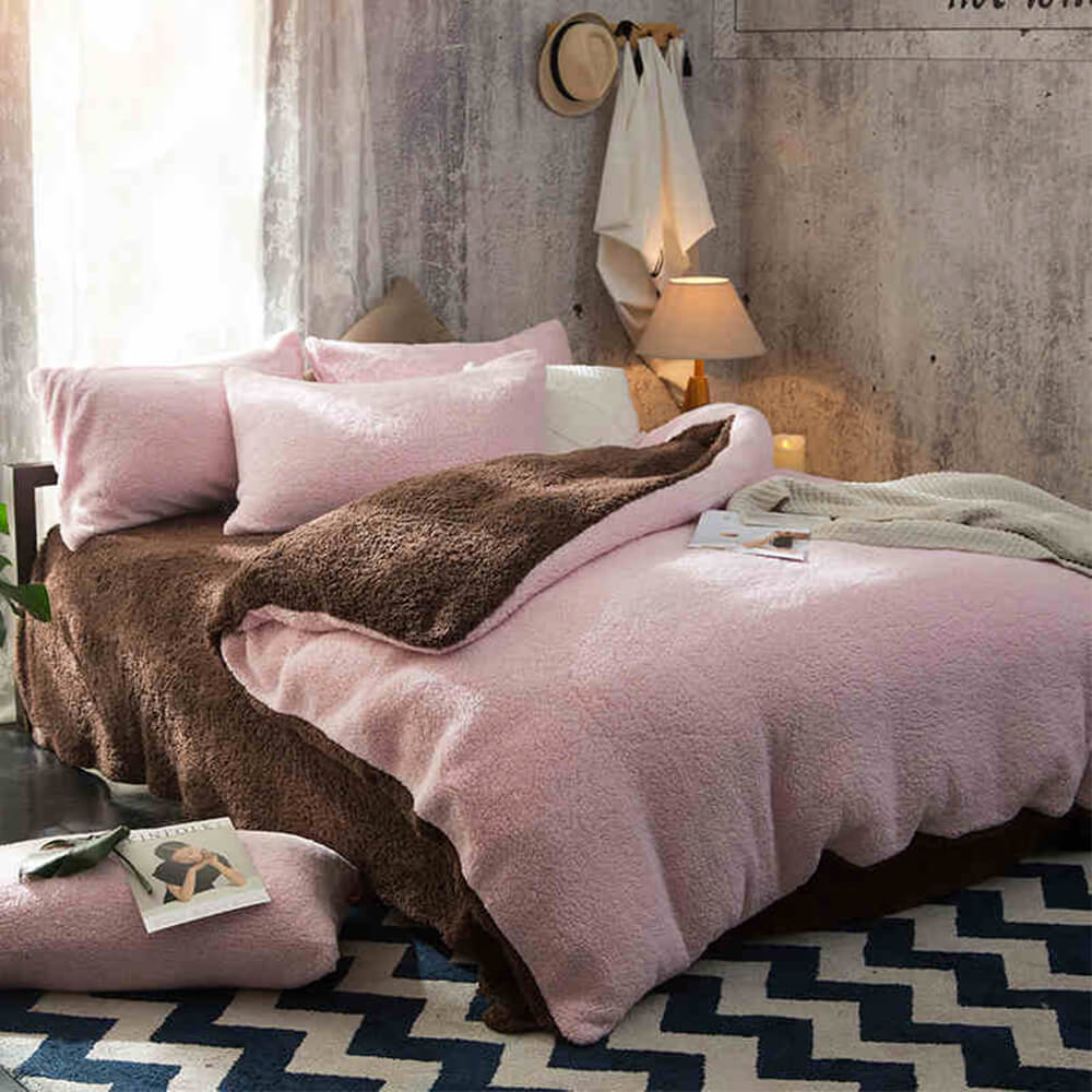 Conjunto de Lençóis de Cama Reversível Bicolor em Sherpa Aquentado e Espesso